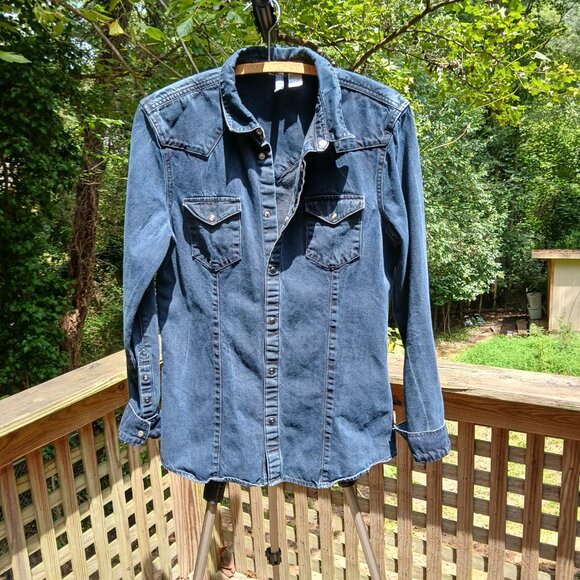 Divided H&M Black Denim Black Snap Fitted Western Shirt/Chore-Jacket Sz M - Picture 10 of 14